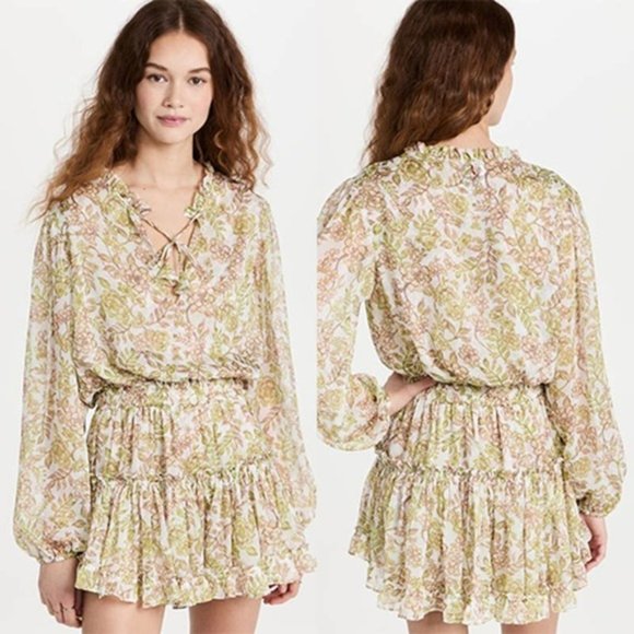 Misa Ruffle Drawstring Neck Elastic Waist Mini Dress Women's Green Size: XS NWOT - Picture 9 of 9